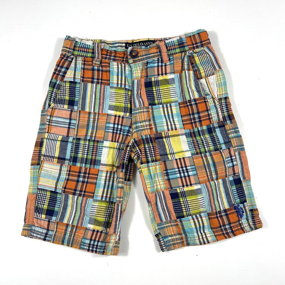 US Polo Assn Boys Size 10 Patchwork Plaid Madras Shorts Multi Preppy Coastal GUC